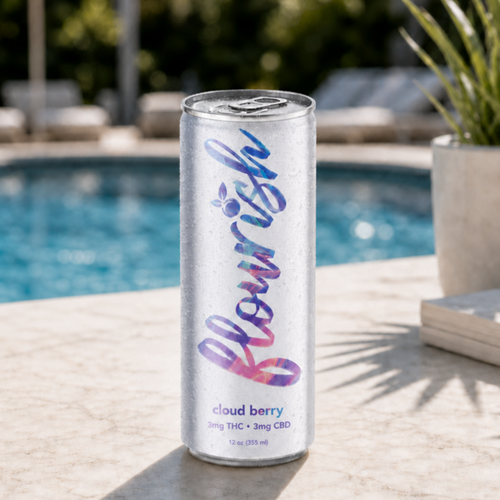 Flourish Cloud Berry real berry sparkling THC + CBD drink can